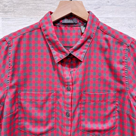 Horny Toad & Co Flannel Shirt Red Gray Gingham Pocket Wool Blend Womens Small - Picture 2 of 7